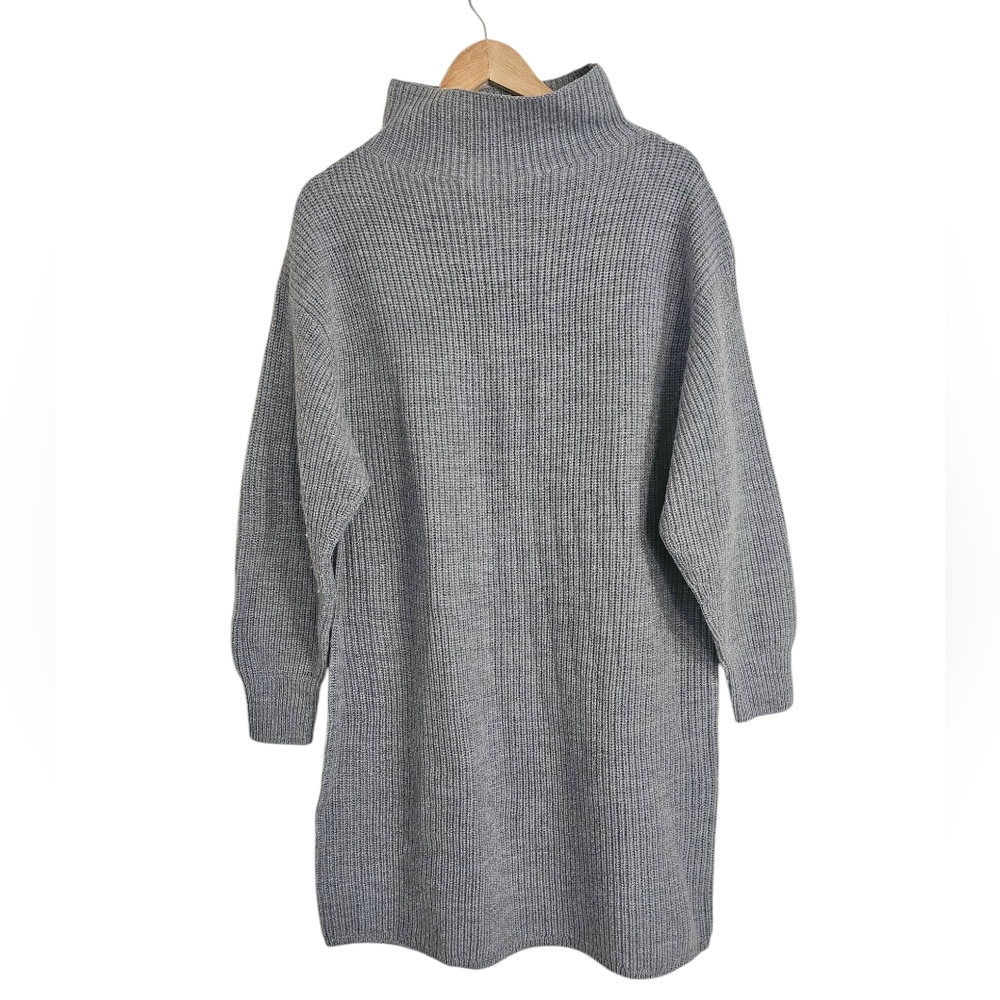 Quince Merino Wool Relaxed Turtleneck Sweater Dress Light Heather Gray, Size M